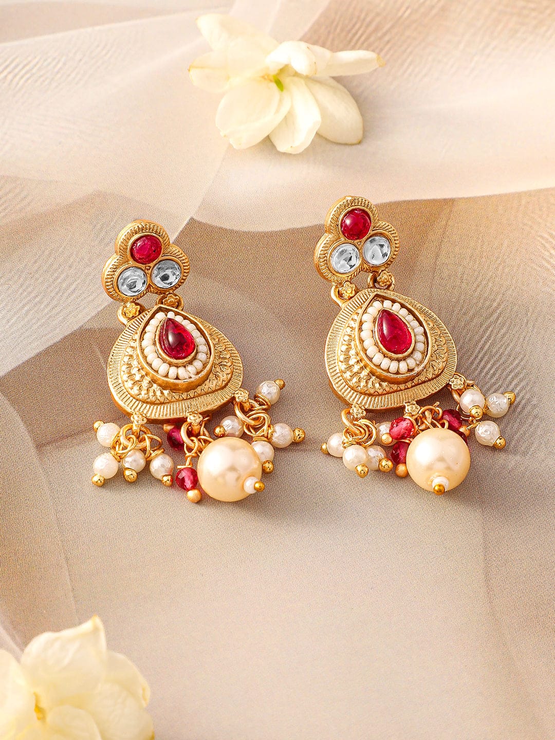 Red & White Studded Necklace Set Ruby Pink