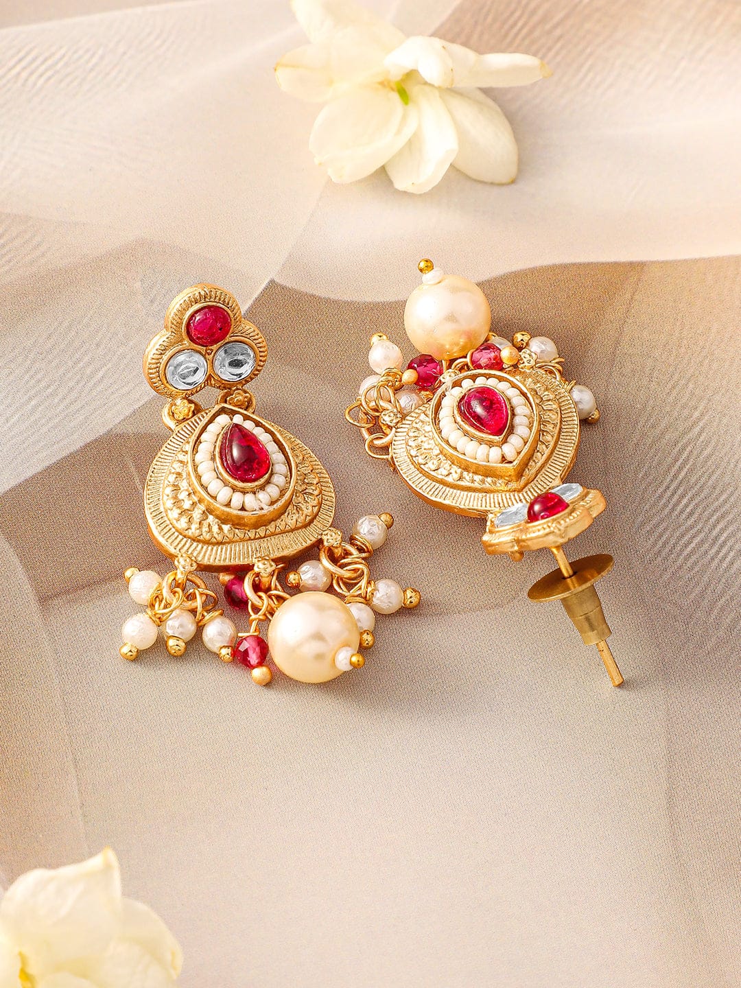 Red & White Studded Necklace Set Ruby Pink