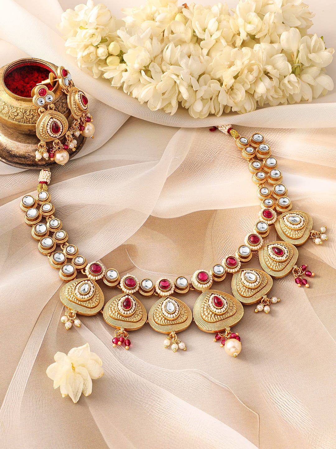 Red & White Studded Necklace Set Ruby Pink