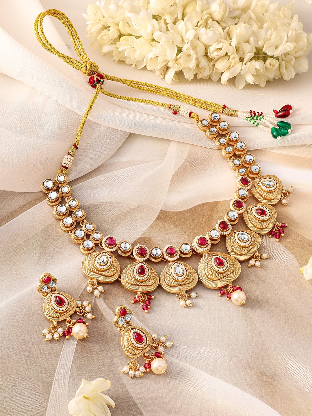 Red & White Studded Necklace Set Ruby Pink