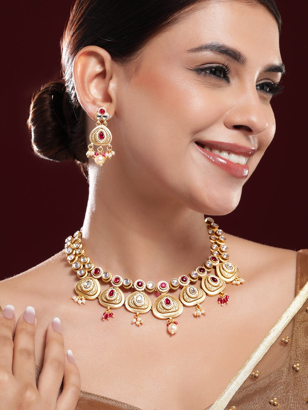 Red & White Studded Necklace Set Ruby Pink