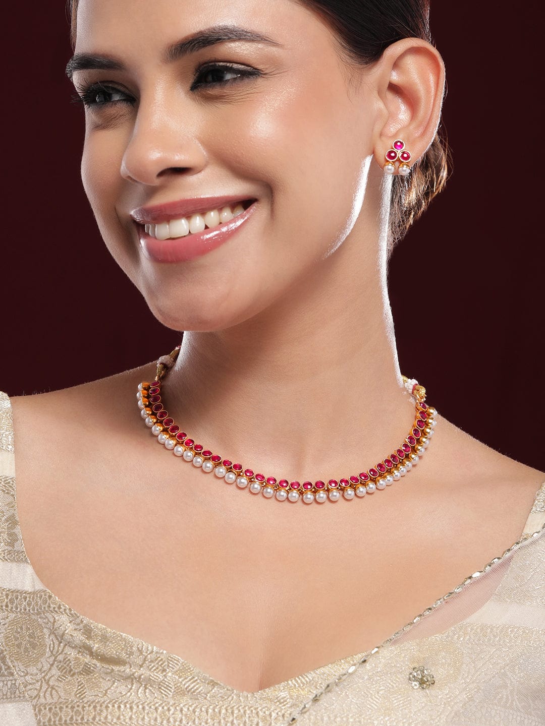 Ruby Pink Studded Pearl Beaded Necklace Set フリーサイズ
