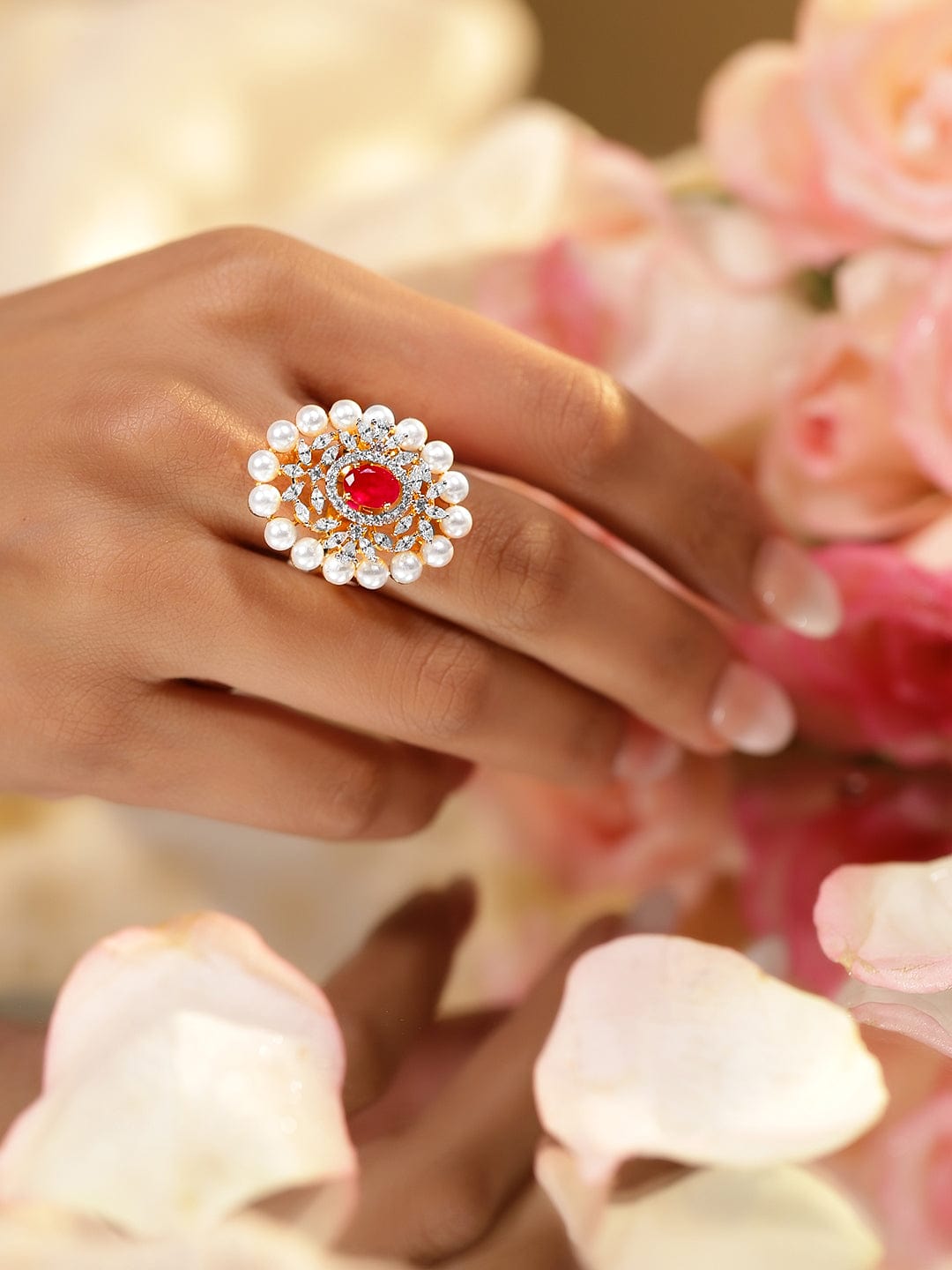 Red American Diamond Zirconia Studded Pearl Ring Pink