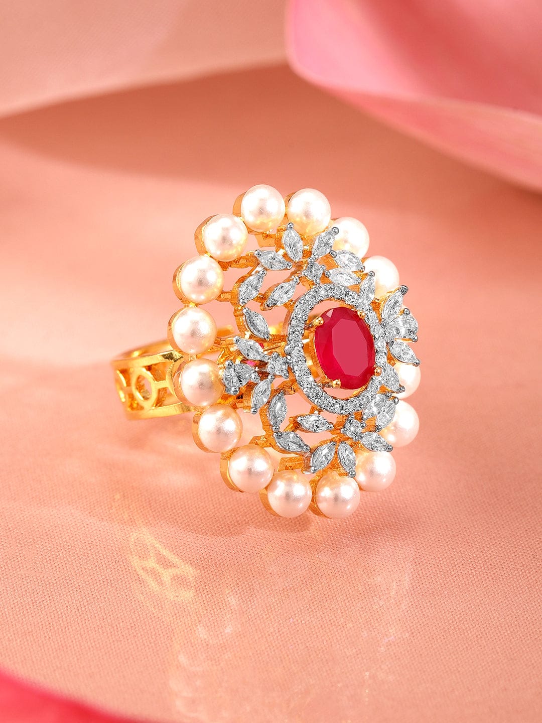 Red American Diamond Zirconia Studded Pearl Ring Pink