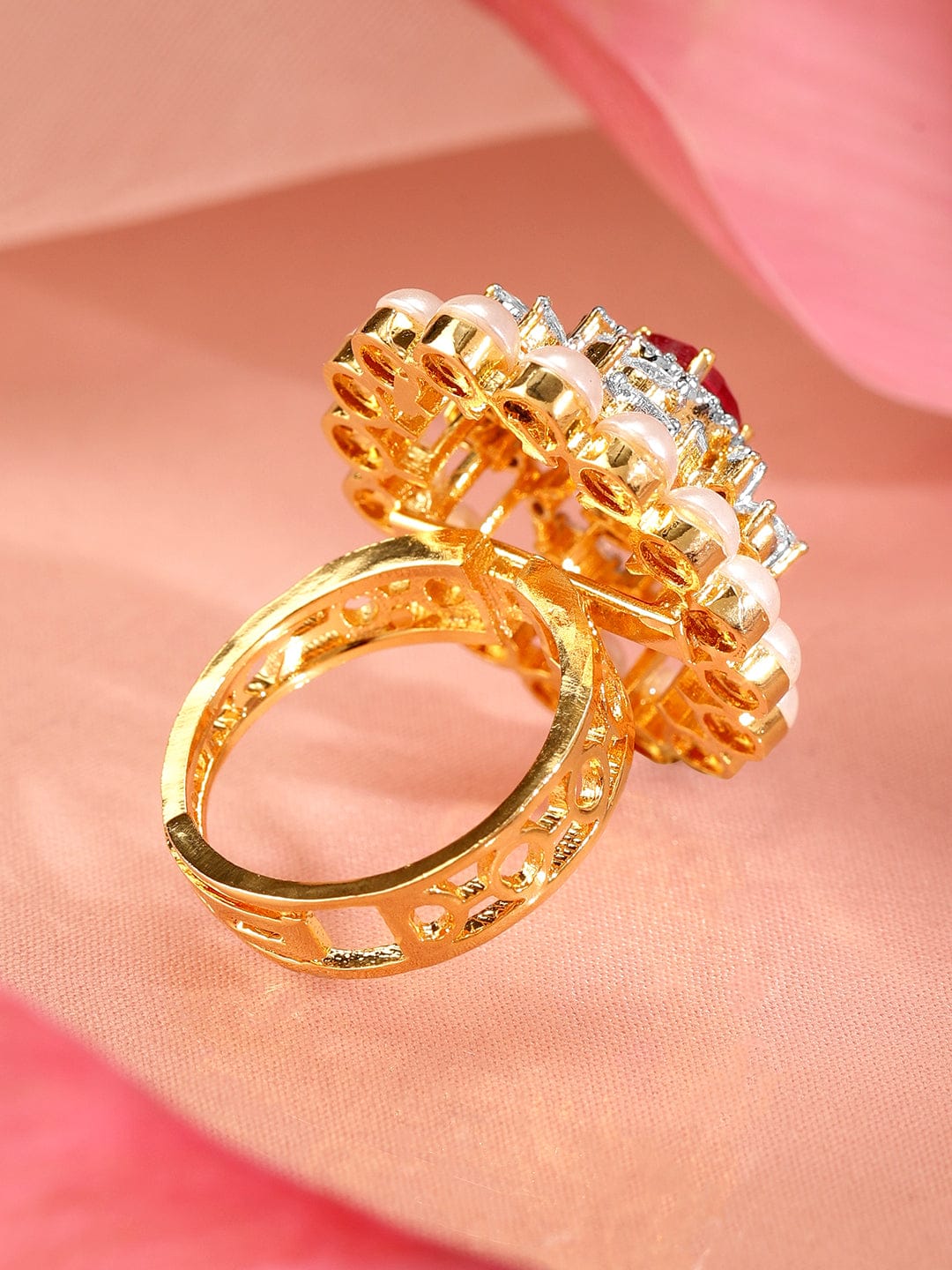 Red American Diamond Zirconia Studded Pearl Ring Pink