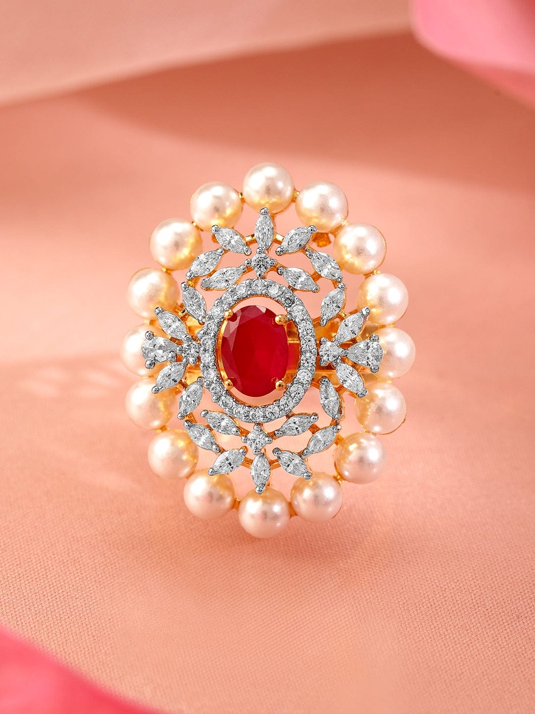 Red American Diamond Zirconia Studded Pearl Ring Pink