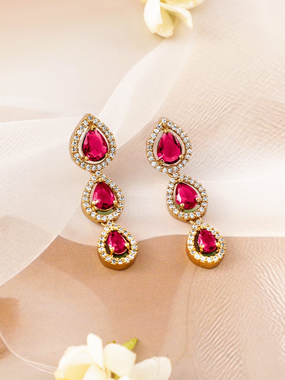 Red American Diamond Zirconia Tear Drop Necklace Set フリーサイズ