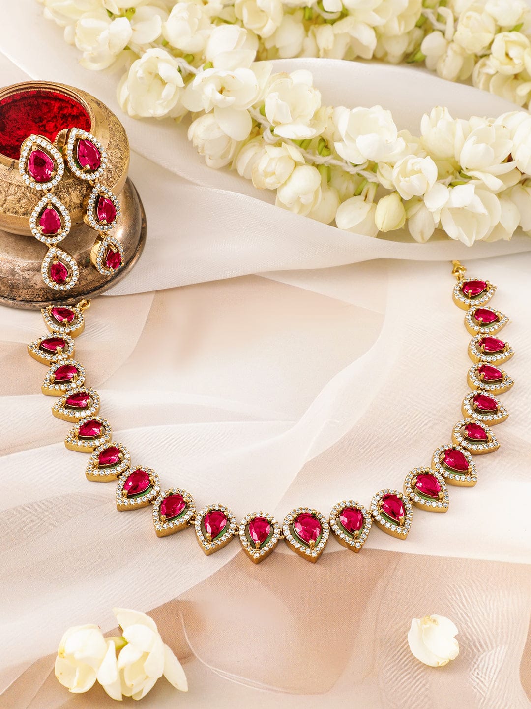 Red American Diamond Zirconia Tear Drop Necklace Set フリーサイズ