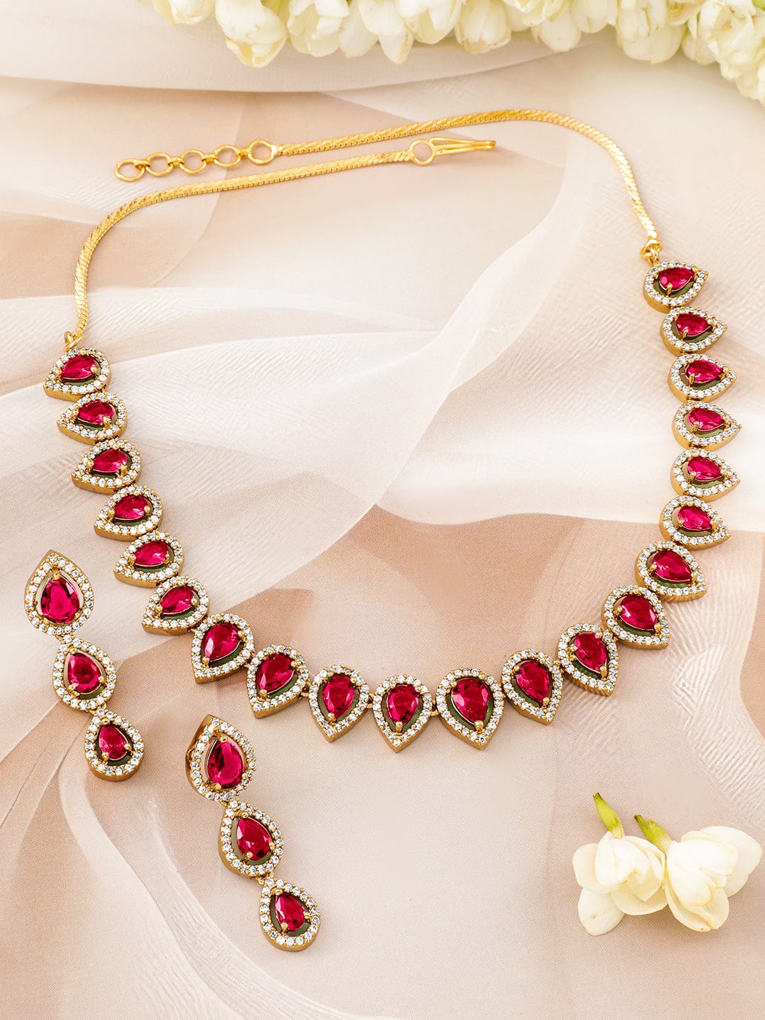 Red American Diamond Zirconia Tear Drop Necklace Set フリーサイズ