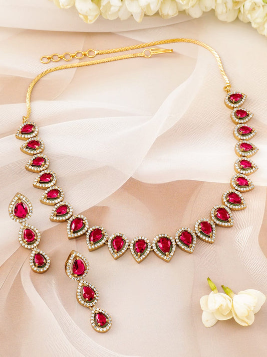Red American Diamond Zirconia Tear Drop Necklace Set フリーサイズ