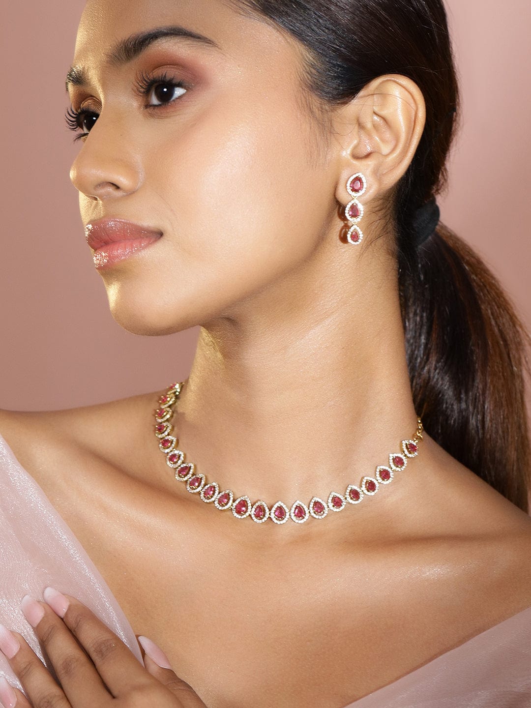 Red American Diamond Zirconia Tear Drop Necklace Set フリーサイズ