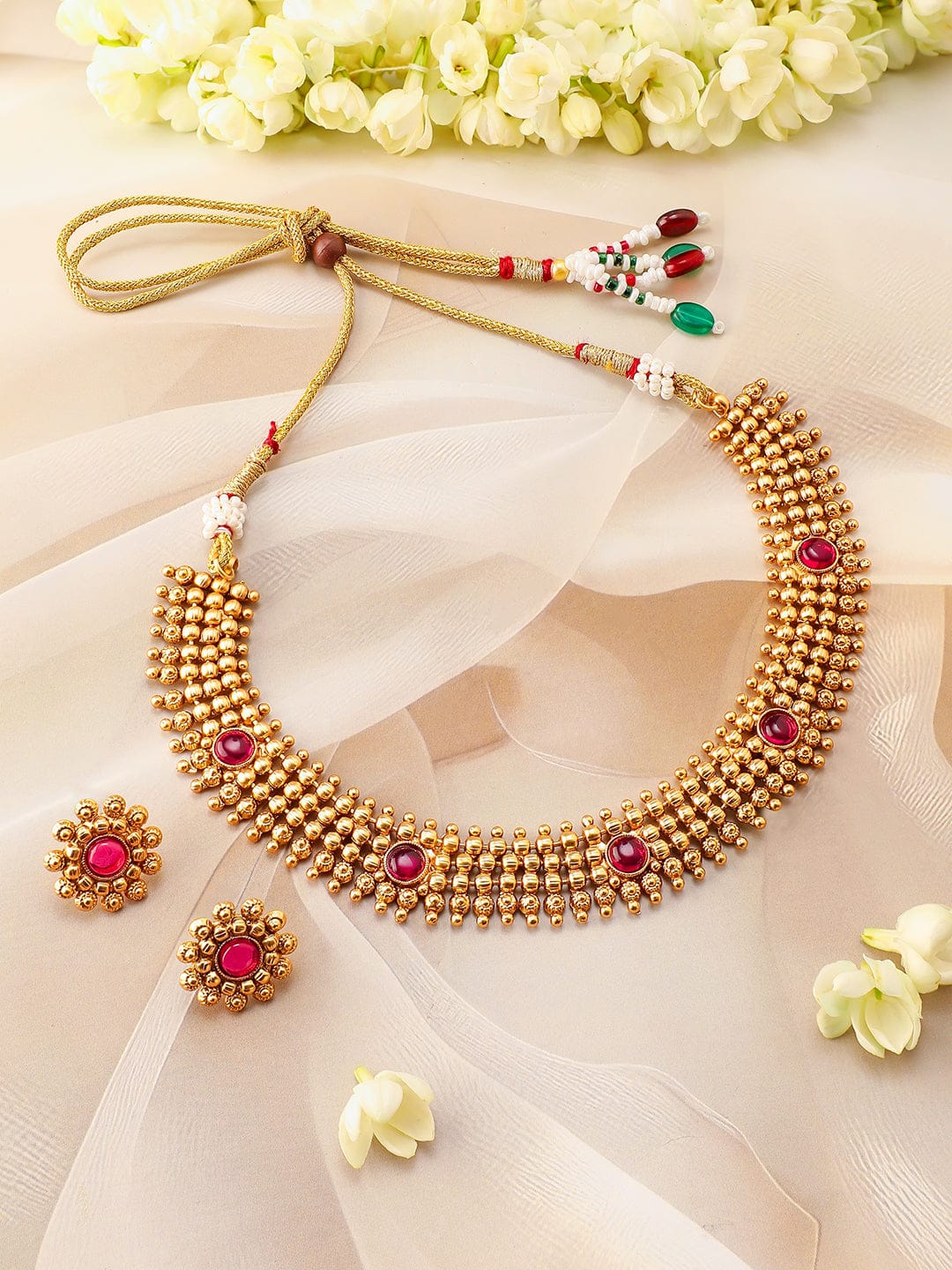 Ruby Studded Traditional Golden Necklace Set フリーサイズ