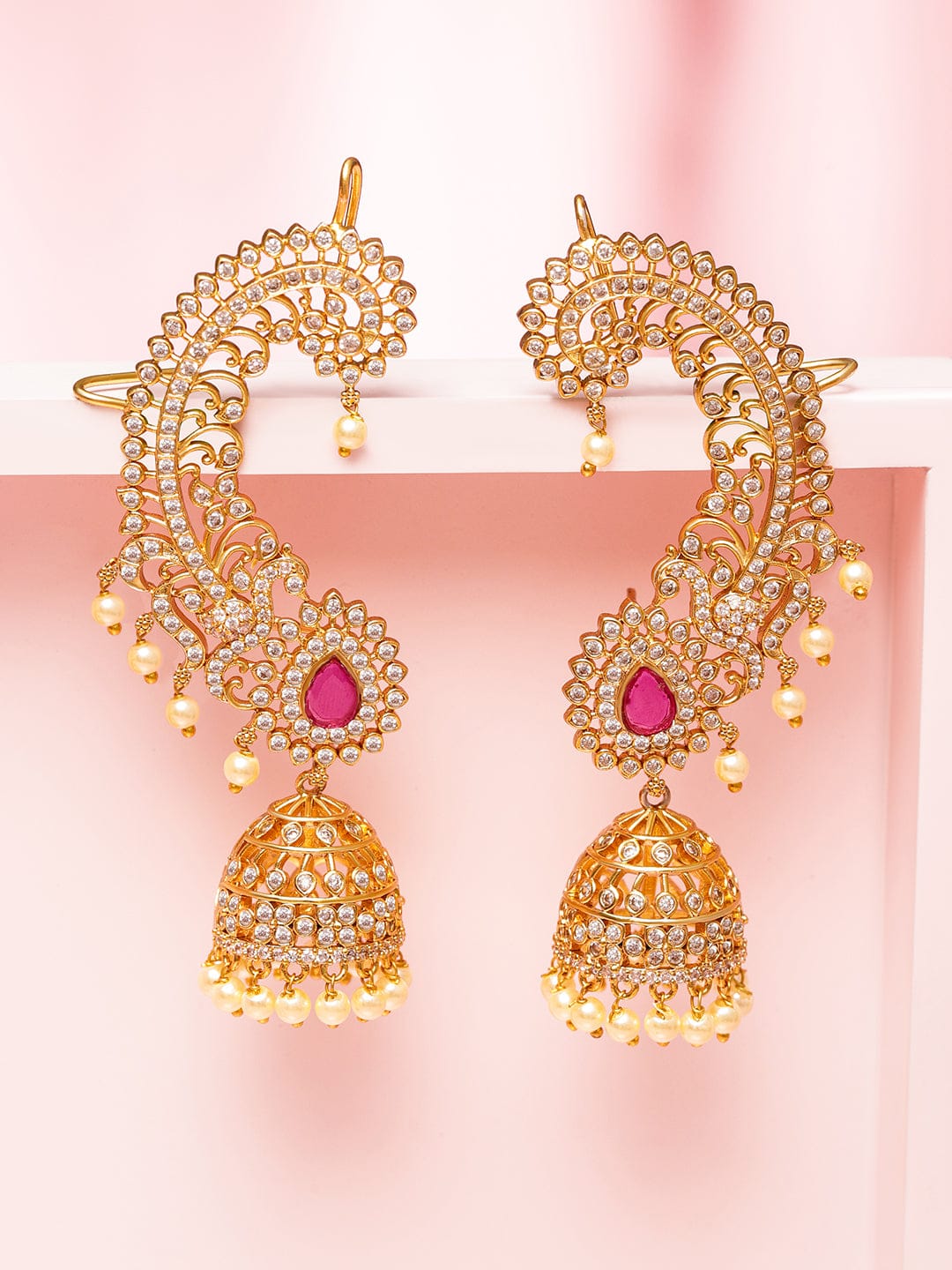 Festive Radiance Ruby Ear-Cuff Jhumkas フリーサイズ