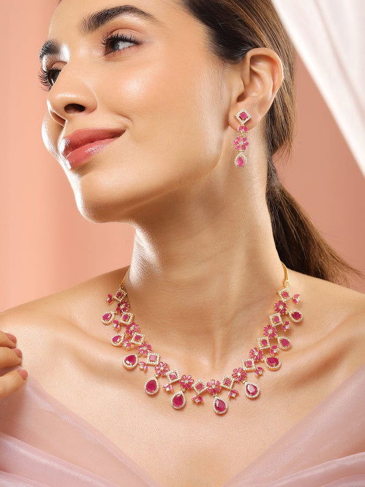 Rubans 22K Gold-Plated Ruby Pink & White Cubic Zirconia Studded Floral Drop Necklace Set Pink