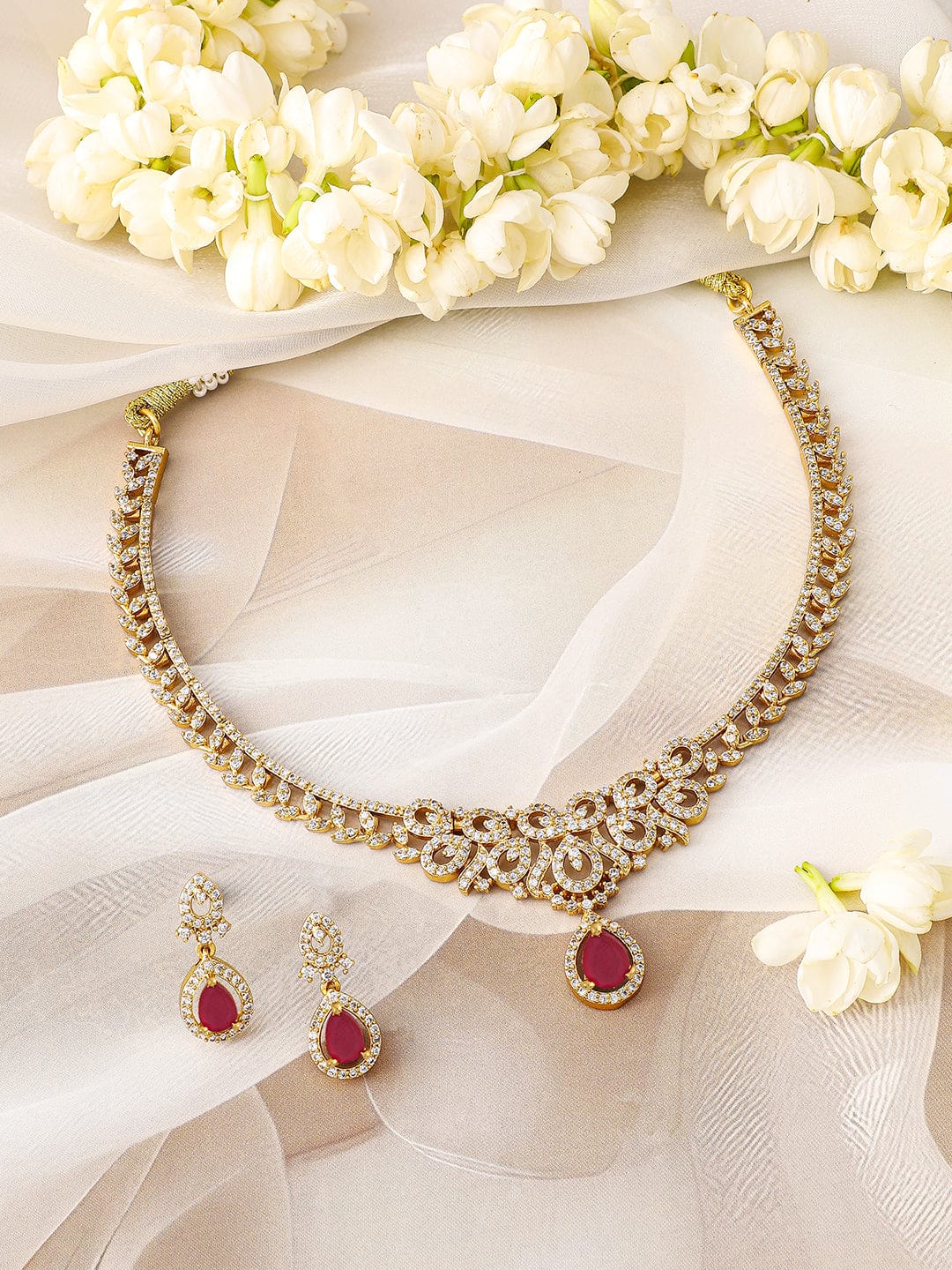 Ruby Accented American Diamond Zirconia Necklace Set フリーサイズ