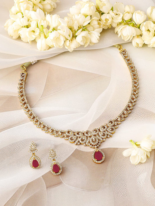 Ruby Accented American Diamond Zirconia Necklace Set フリーサイズ