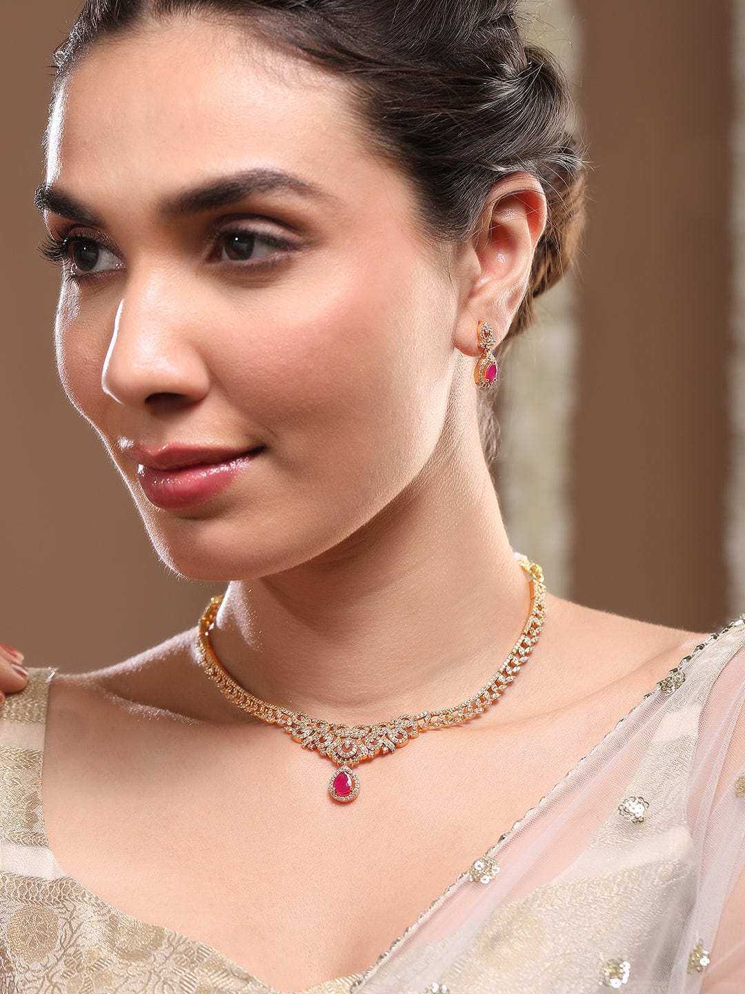 Ruby Accented American Diamond Zirconia Necklace Set フリーサイズ