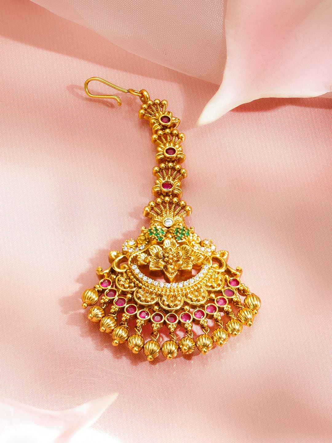 Pink Studded Floral Motif Gold Maangtikka フリーサイズ