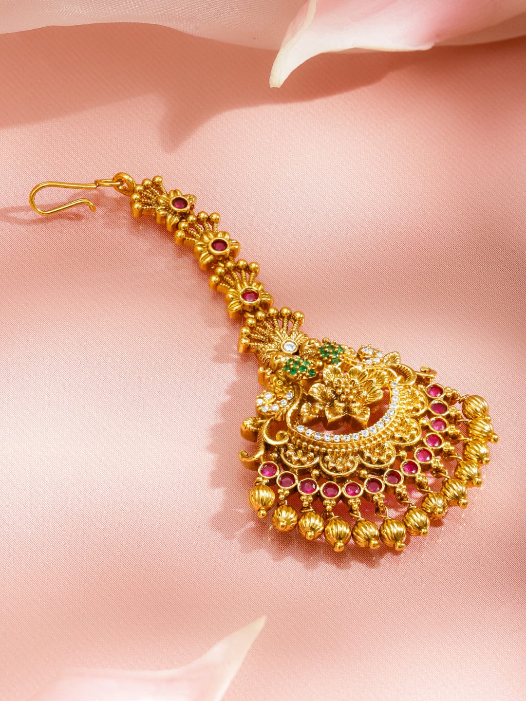 Pink Studded Floral Motif Gold Maangtikka フリーサイズ