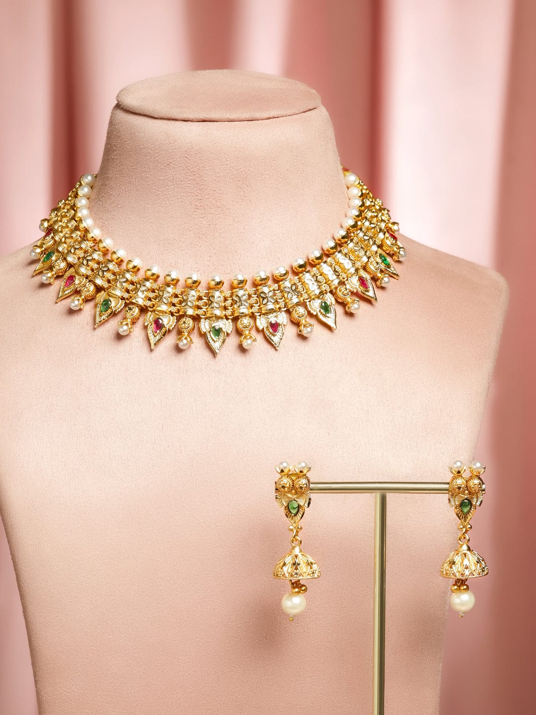 Pearl Studded Gold Necklace Set フリーサイズ