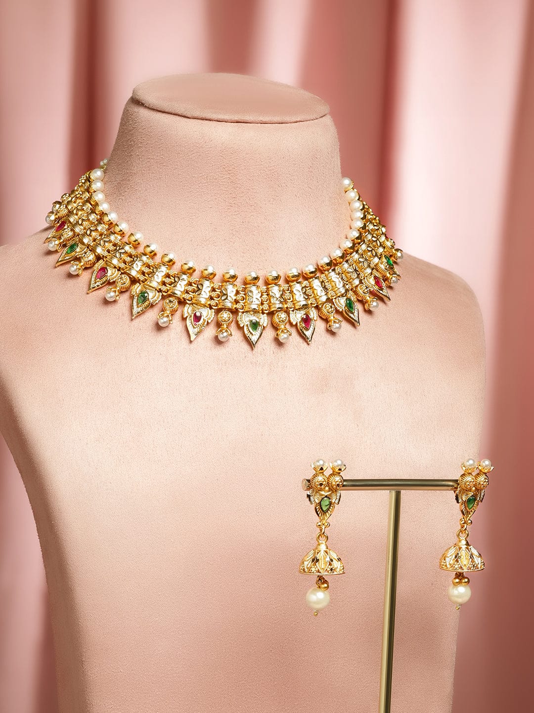 Pearl Studded Gold Necklace Set フリーサイズ