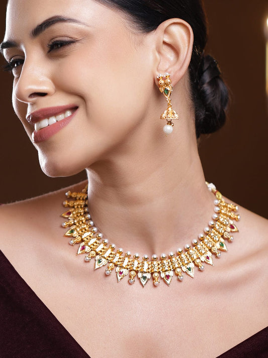 Pearl Studded Gold Necklace Set フリーサイズ