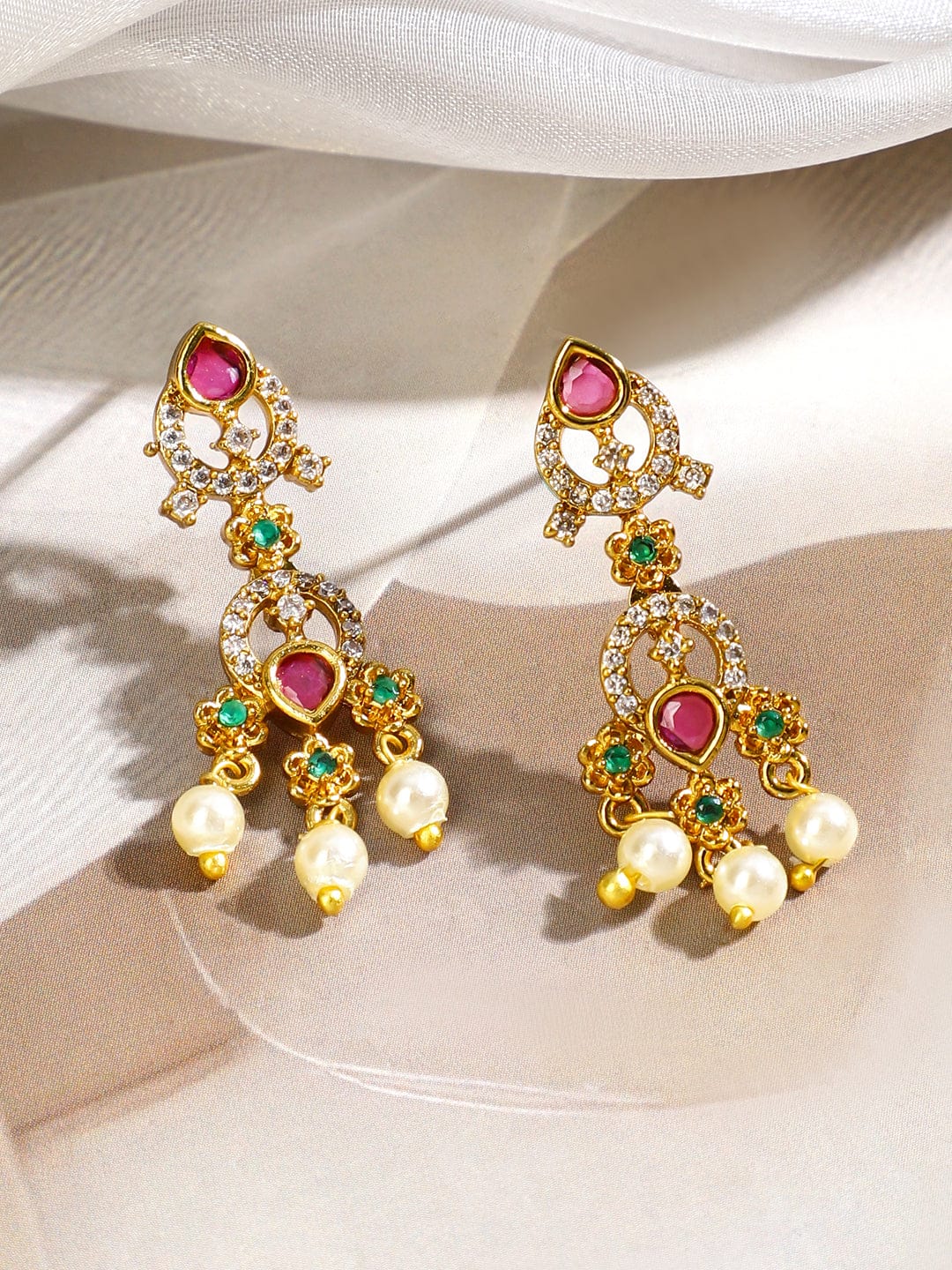 Multicolor Studded American Diamond Zirconia Pearl Necklace Set Gold