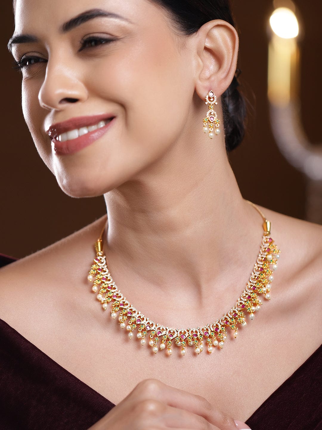 Multicolor Studded American Diamond Zirconia Pearl Necklace Set Gold