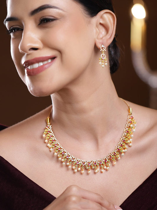 Multicolor Studded American Diamond Zirconia Pearl Necklace Set Gold