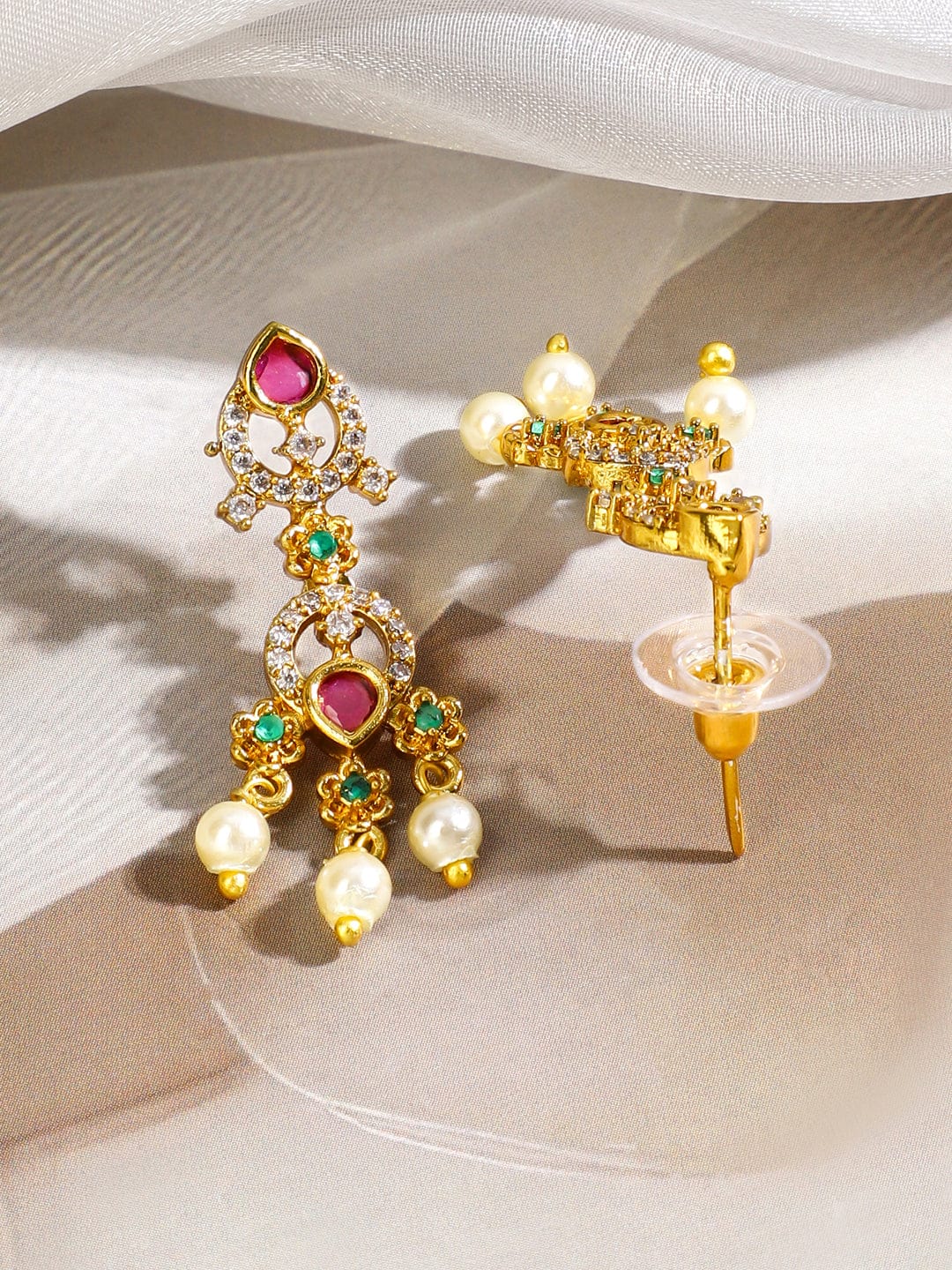 Multicolor Studded American Diamond Zirconia Pearl Necklace Set Gold