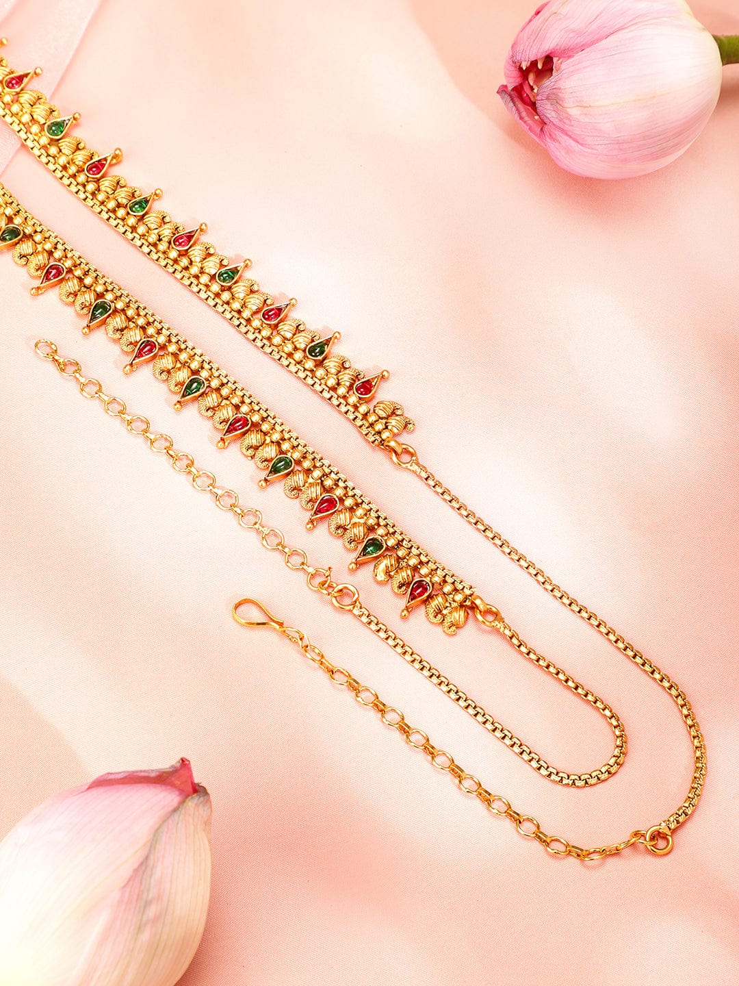 Rubans 22K Gold-Plated Ruby Red & Emerald Green Stone Studded Traditional Kamarbandh Red & Green