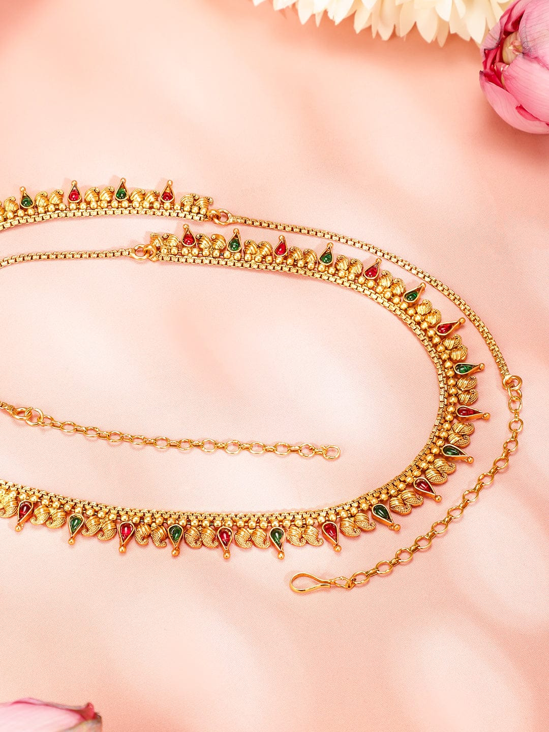 Rubans 22K Gold-Plated Ruby Red & Emerald Green Stone Studded Traditional Kamarbandh Red & Green