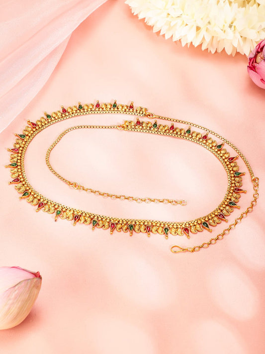 Rubans 22K Gold-Plated Ruby Red & Emerald Green Stone Studded Traditional Kamarbandh Red & Green