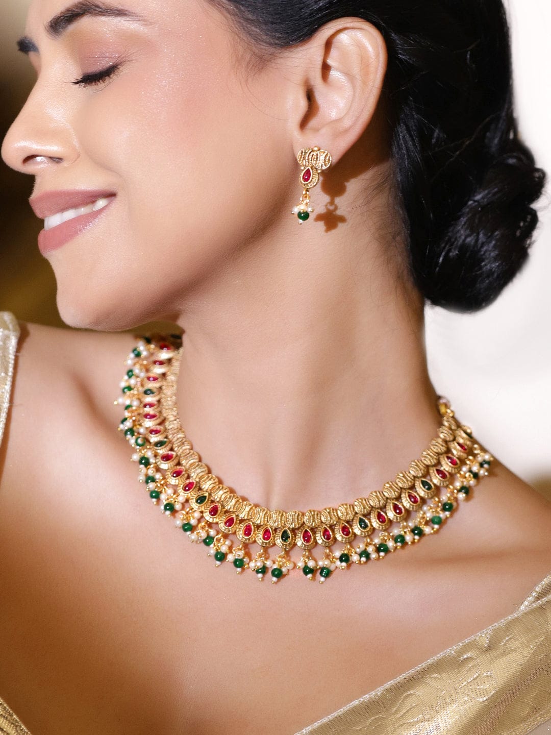 Ruby Studded Green Pearl Drop Necklace Set フリーサイズ