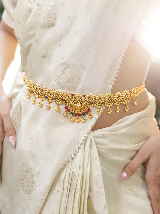 Peacock Motif Gold Toned Temple Kamarbandh フリーサイズ