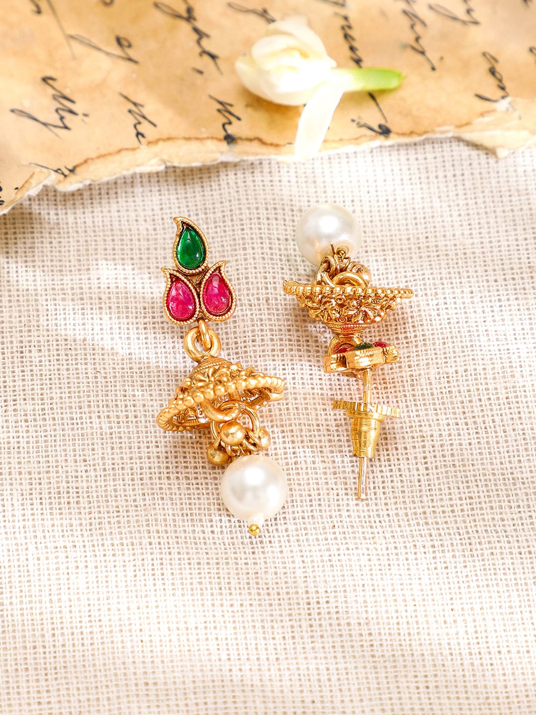 【Rubans】 Pink & Green Studded Golden Necklace Set｜ピンク＆グリーン ストーン ゴールデン ネックレスセット