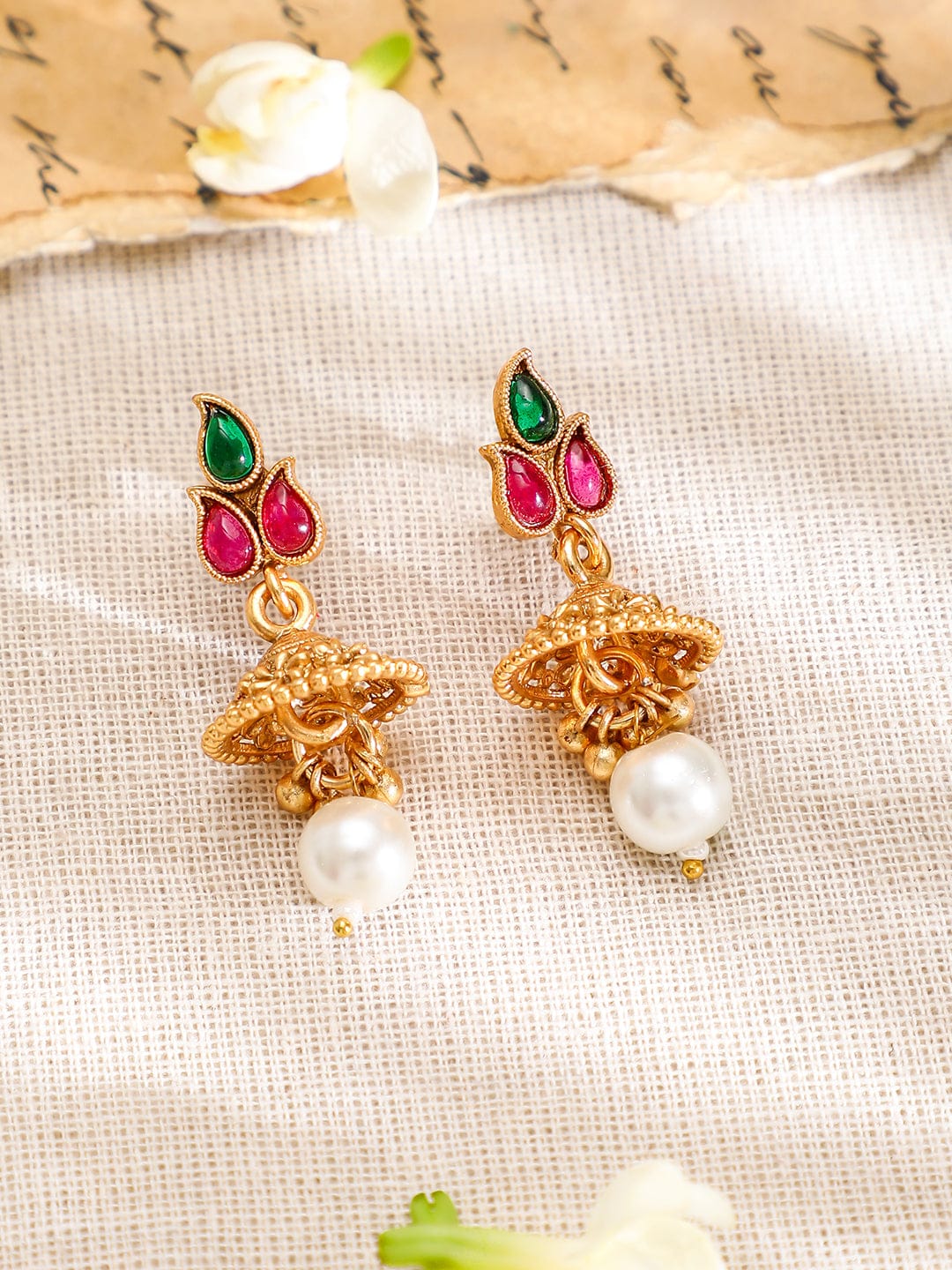 【Rubans】 Pink & Green Studded Golden Necklace Set｜ピンク＆グリーン ストーン ゴールデン ネックレスセット