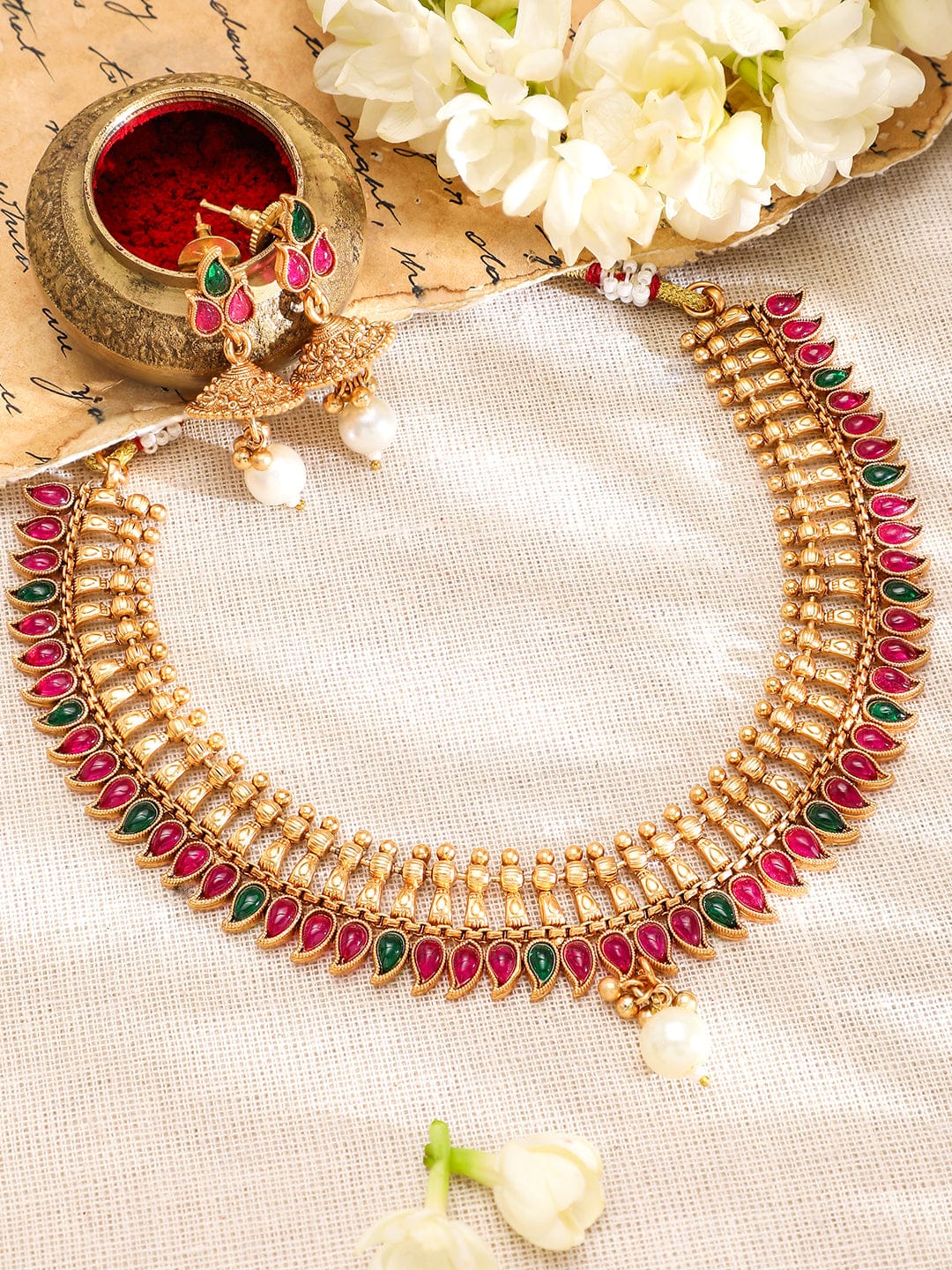 【Rubans】 Pink & Green Studded Golden Necklace Set｜ピンク＆グリーン ストーン ゴールデン ネックレスセット