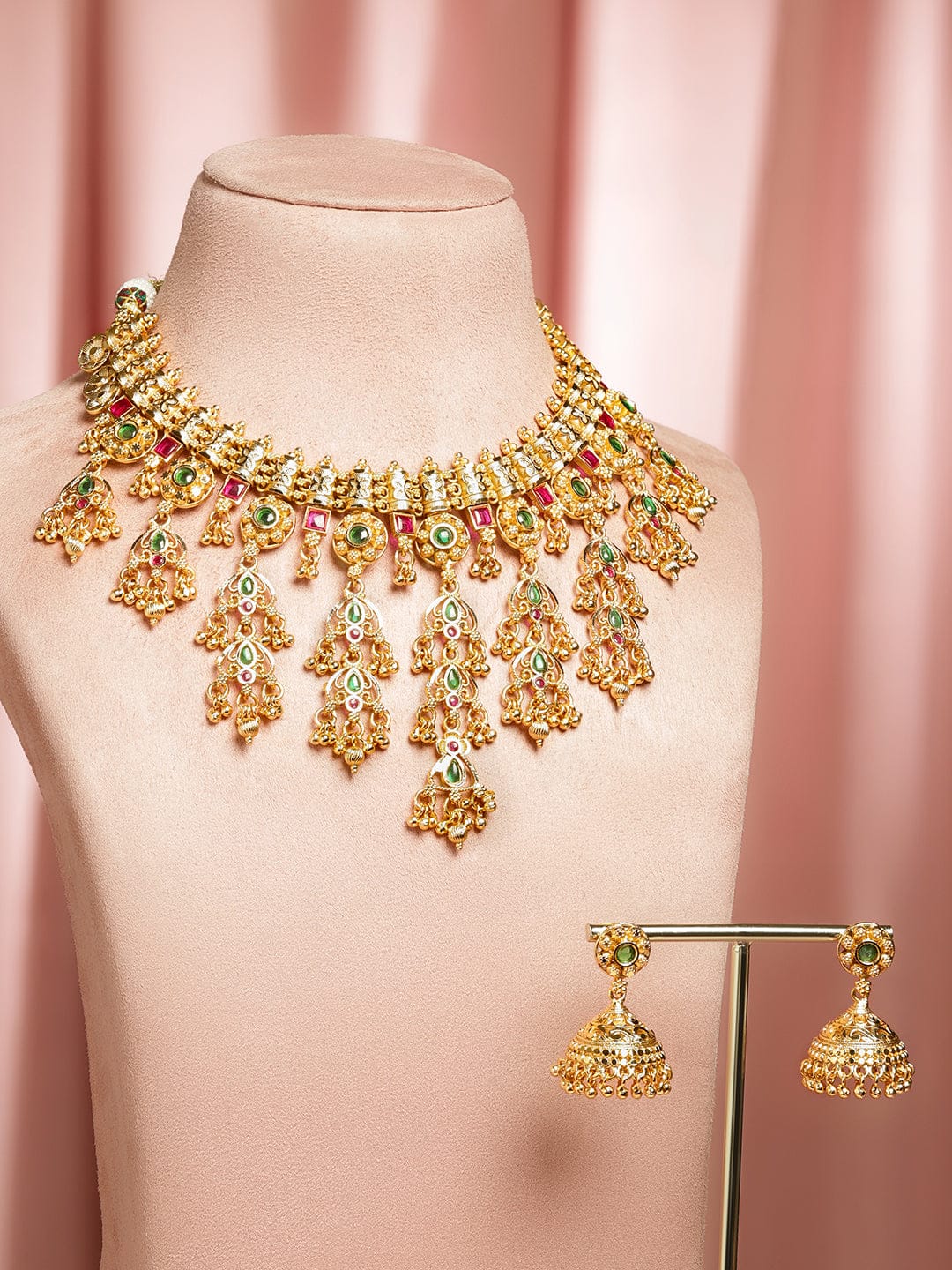 Red & Green Studded Gold Beaded Necklace Set フリーサイズ