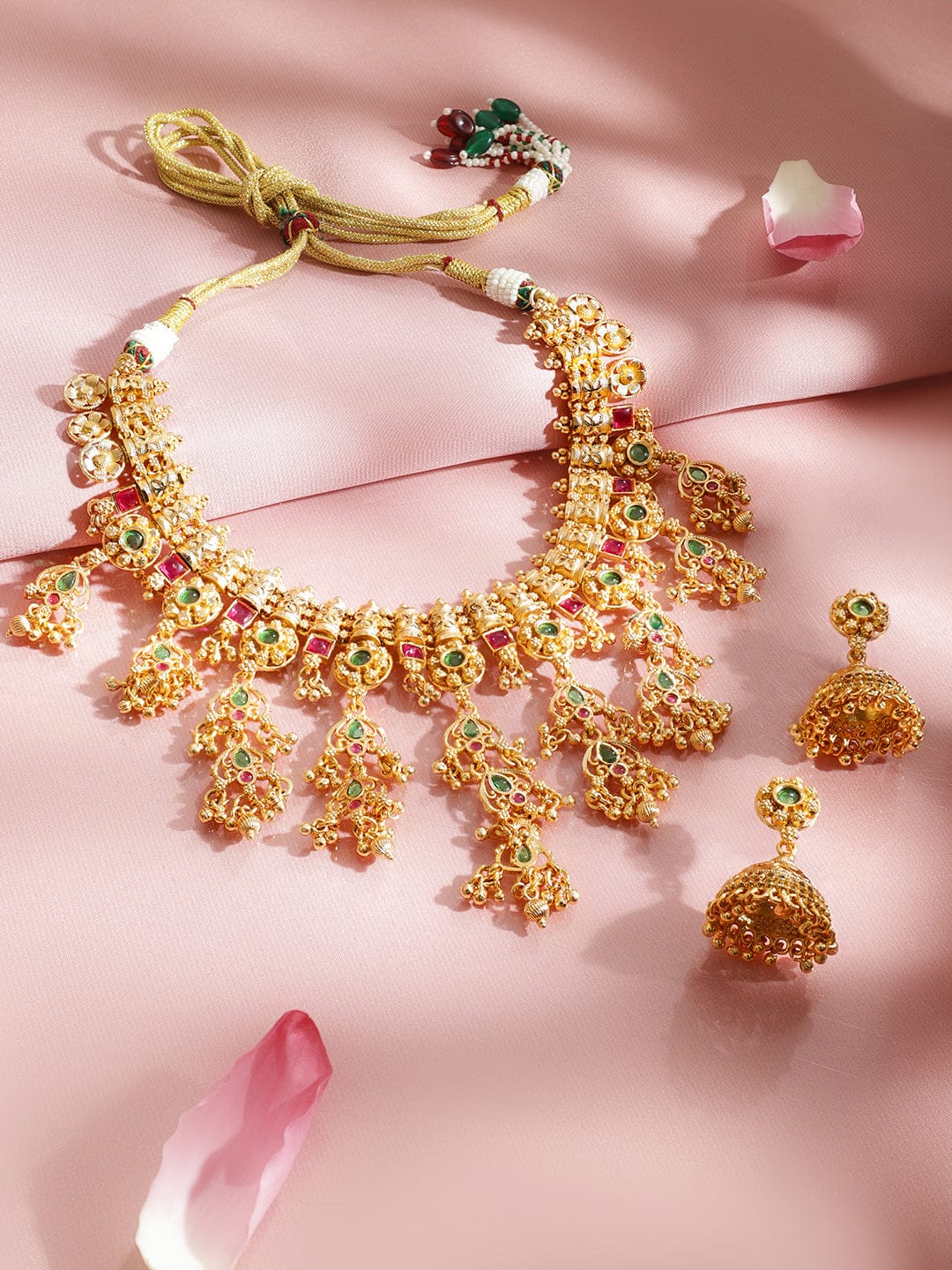 Red & Green Studded Gold Beaded Necklace Set フリーサイズ