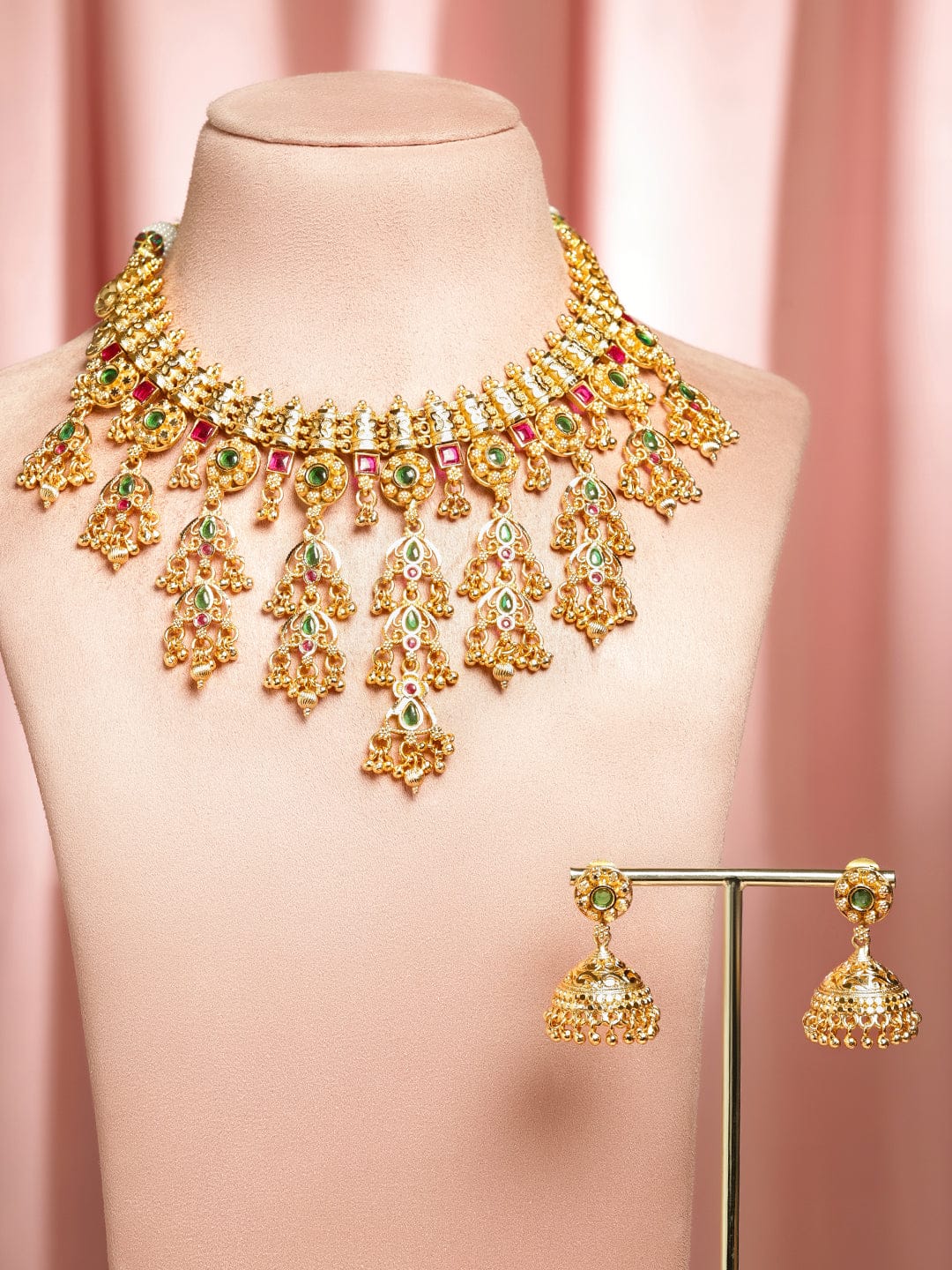 Red & Green Studded Gold Beaded Necklace Set フリーサイズ