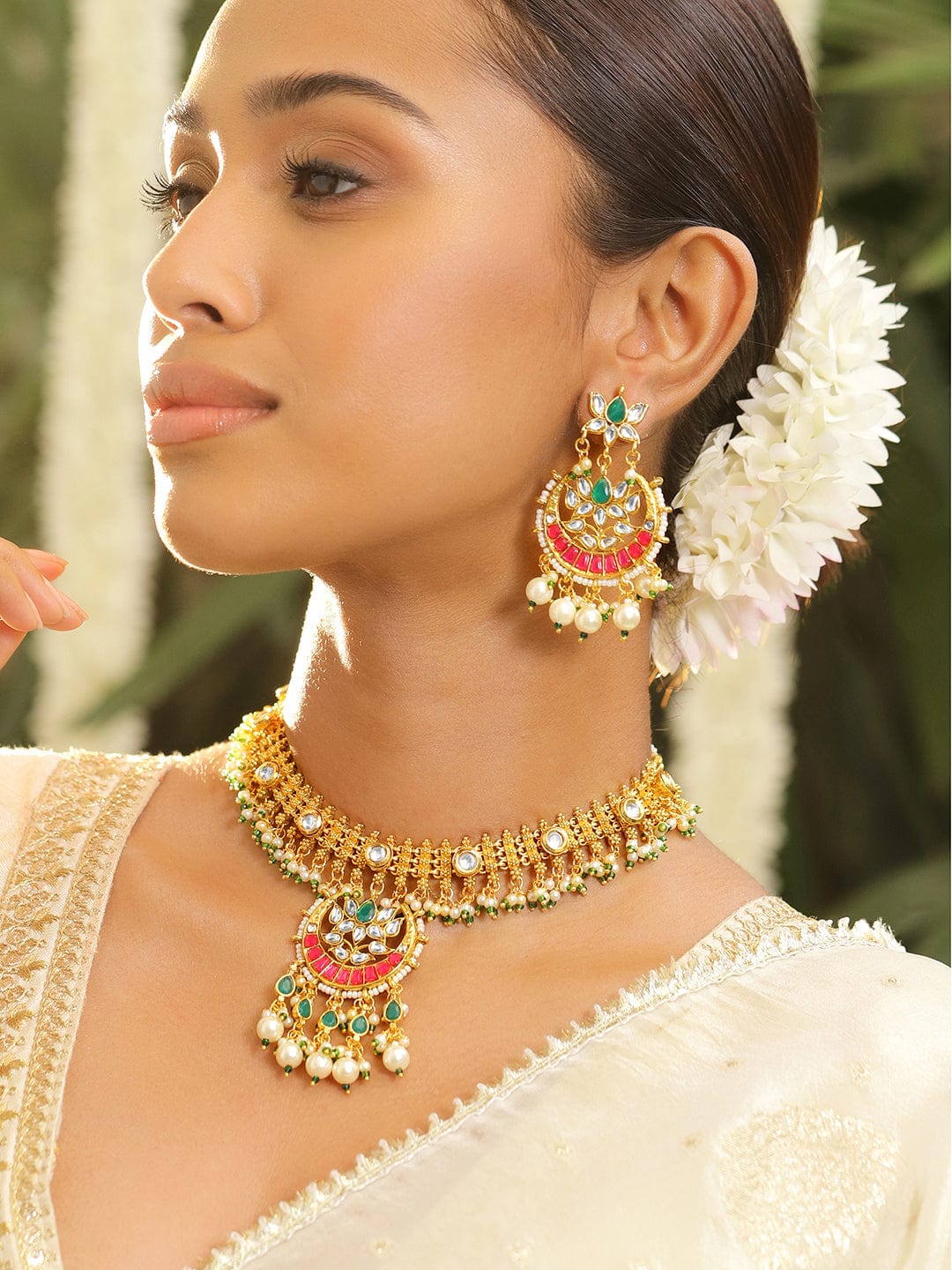 Gold-Plated Pink Green Necklace Set フリーサイズ