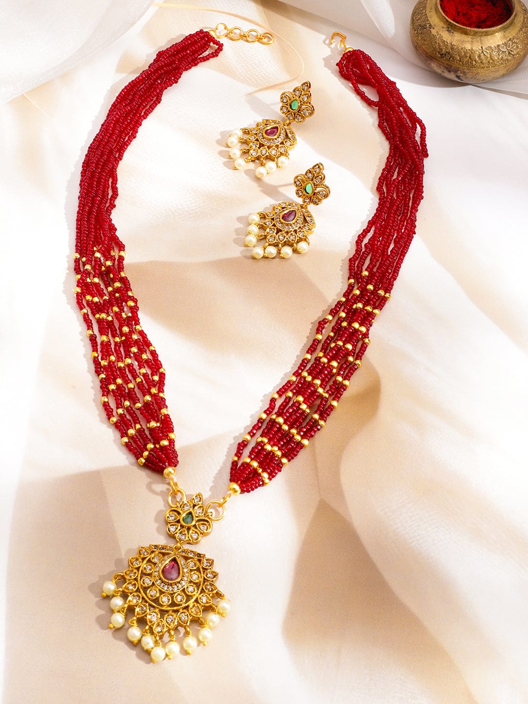 Red Multi-Strand Beaded Necklace Set フリーサイズ