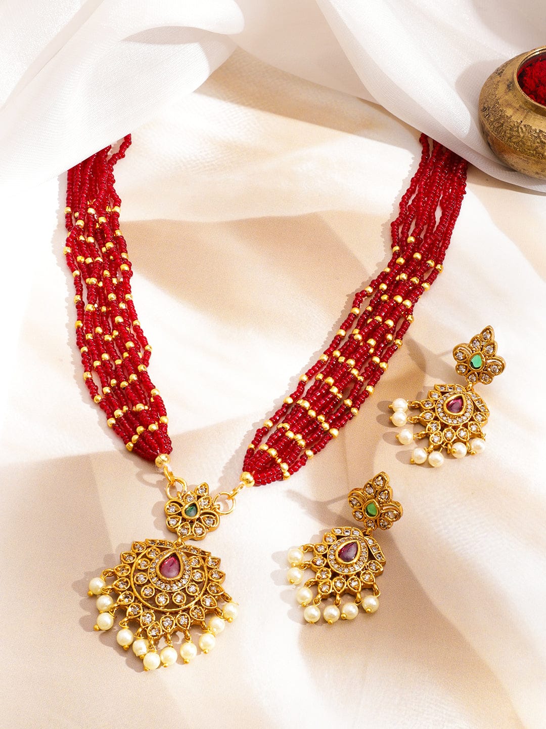 Red Multi-Strand Beaded Necklace Set フリーサイズ