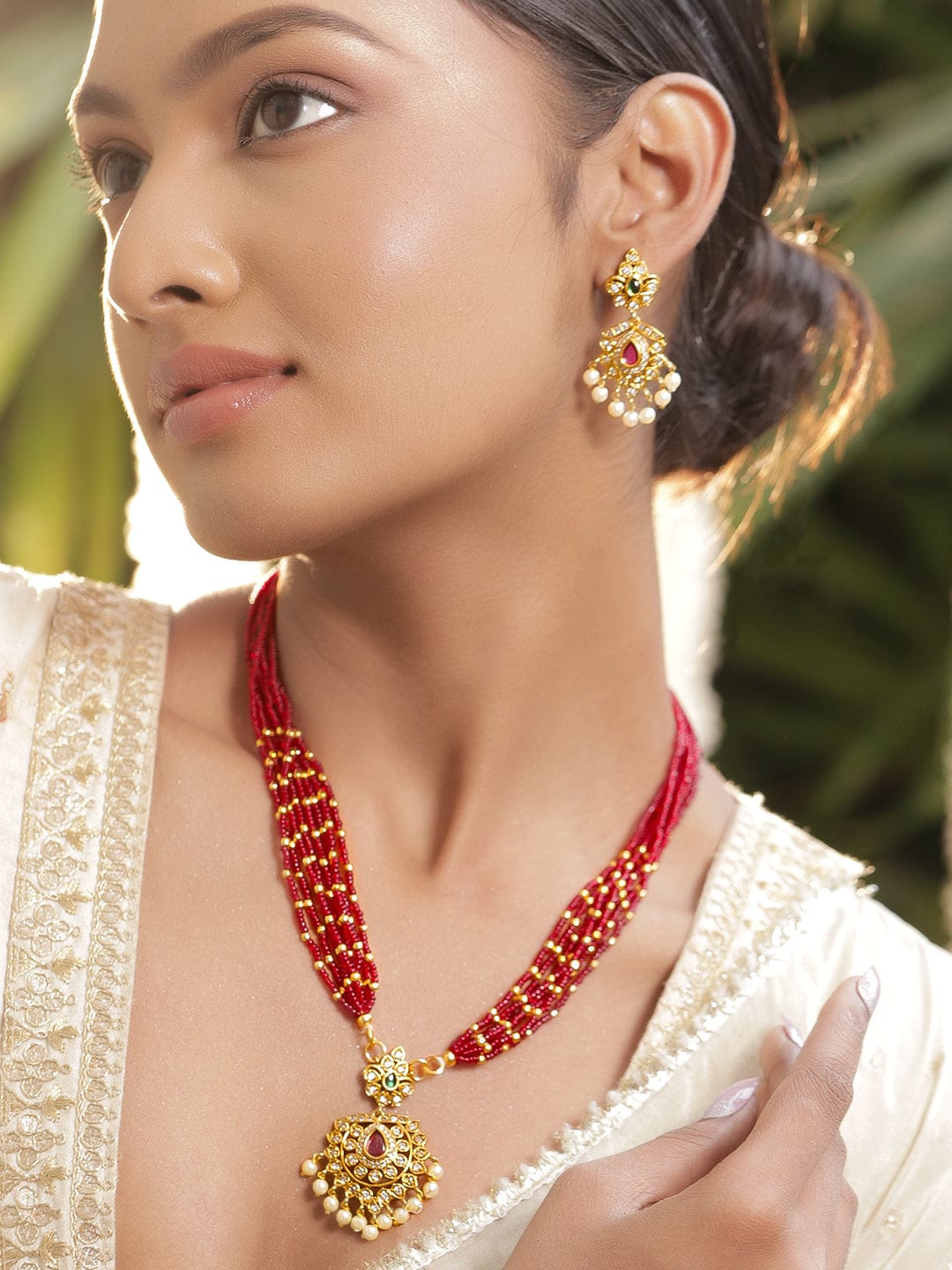 Red Multi-Strand Beaded Necklace Set フリーサイズ