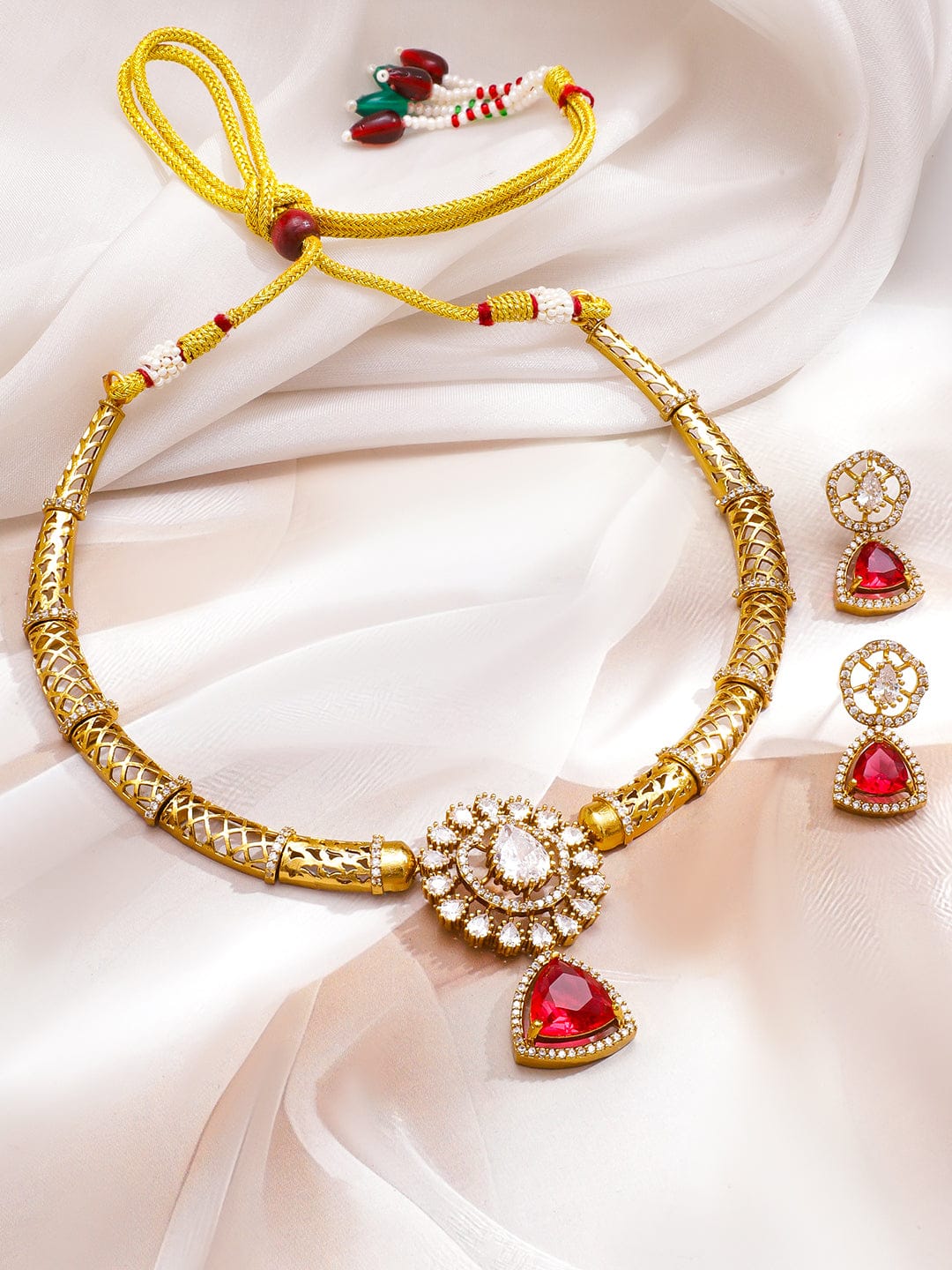 Gold Toned Kundan Red Collar Necklace フリーサイズ