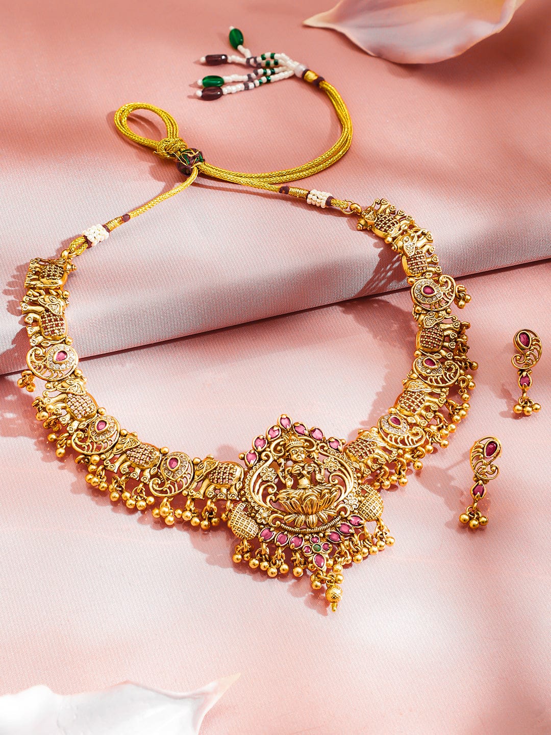 Lakshmi Motif Necklace Set with Red Ruby フリーサイズ