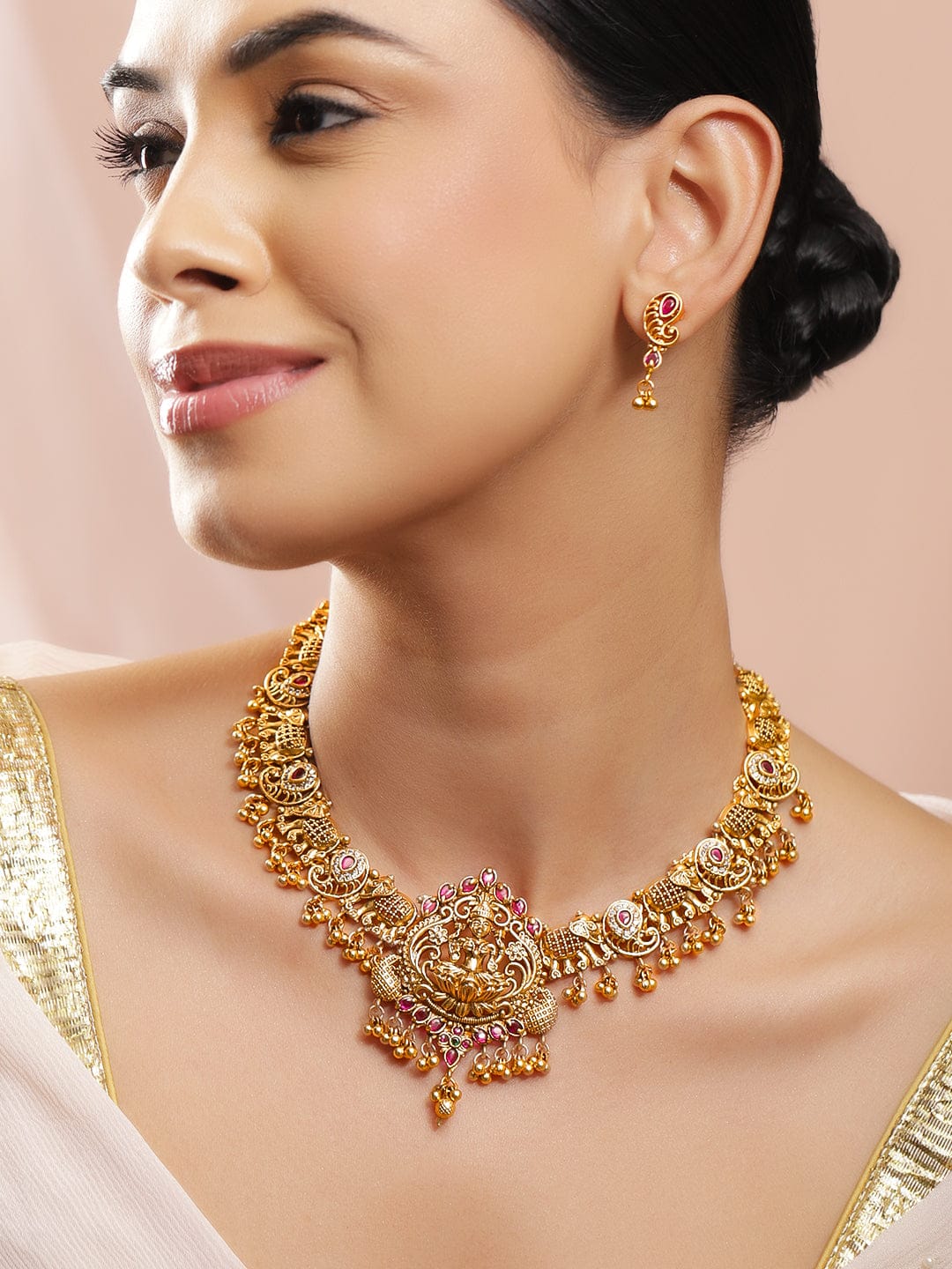 Lakshmi Motif Necklace Set with Red Ruby フリーサイズ