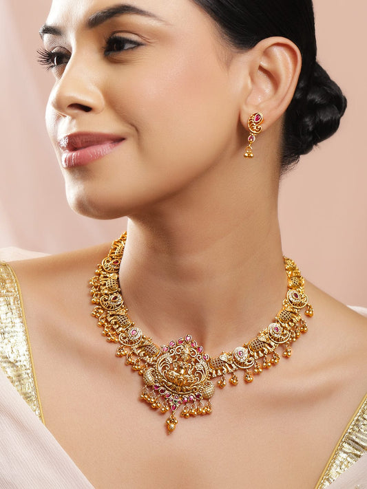 Lakshmi Motif Necklace Set with Red Ruby フリーサイズ