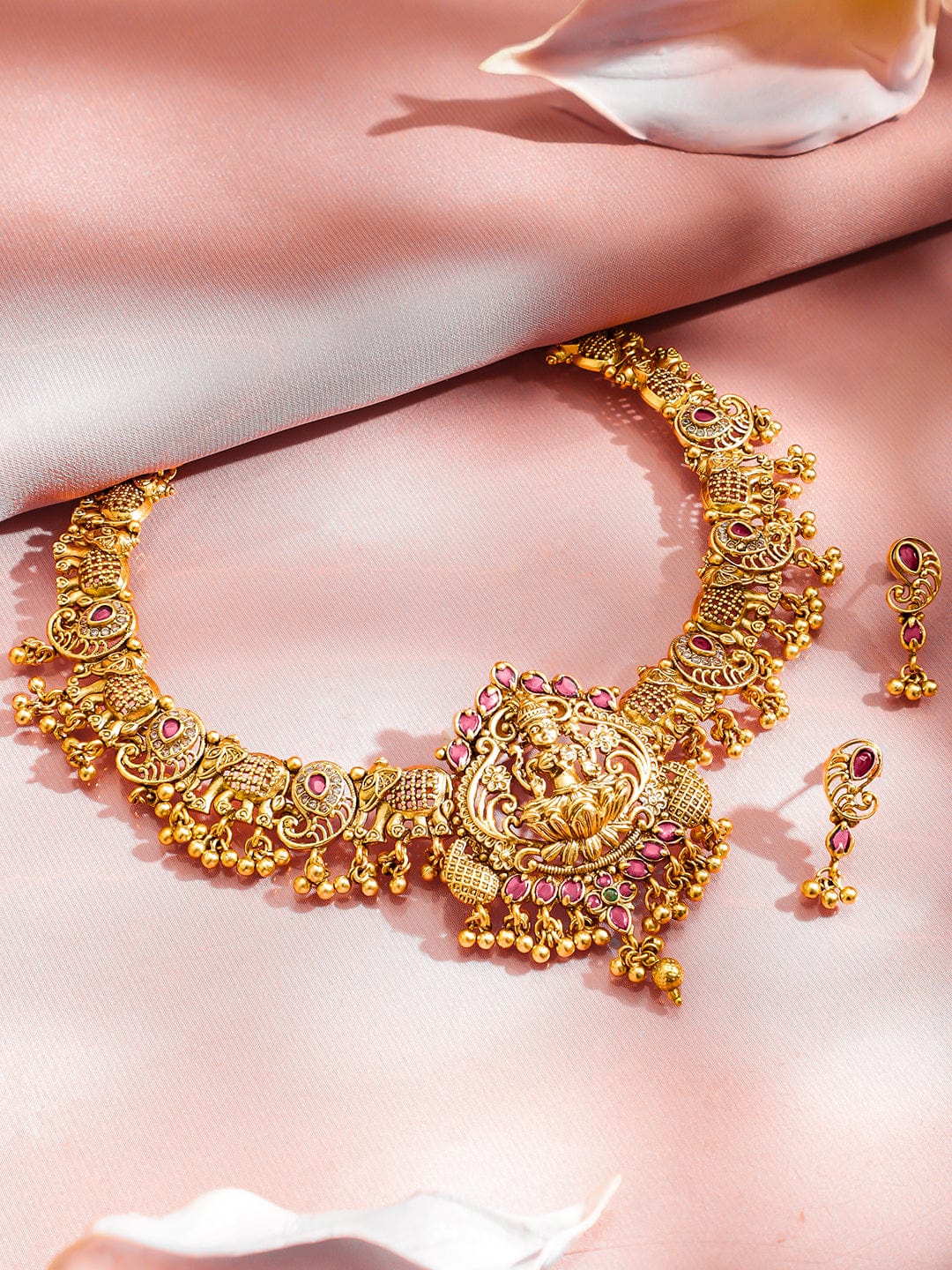 Lakshmi Motif Necklace Set with Red Ruby フリーサイズ